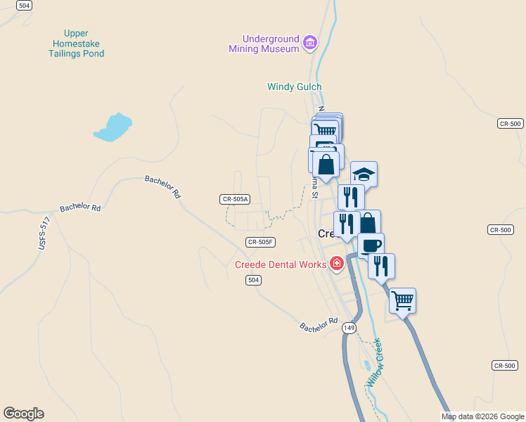 map of restaurants, bars, coffee shops, grocery stores, and more near Bee McClure Drive in Creede