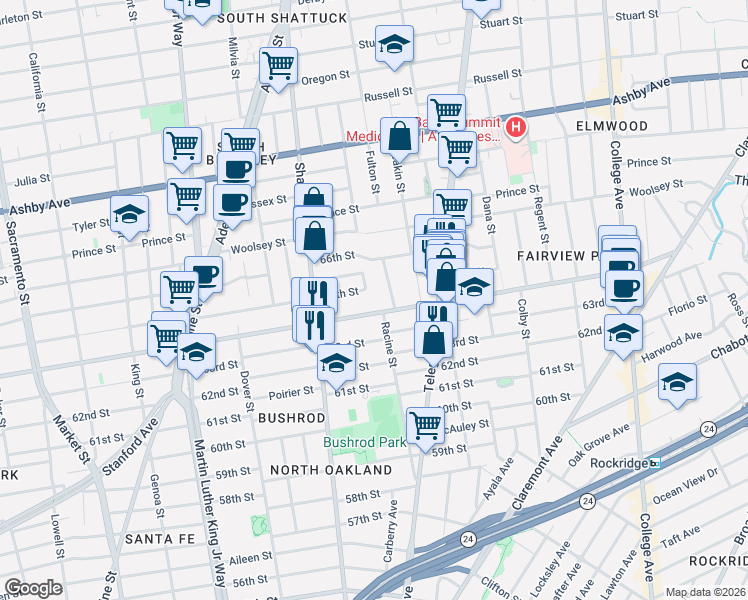 map of restaurants, bars, coffee shops, grocery stores, and more near 622 Alcatraz Avenue in Oakland