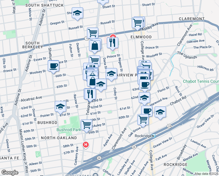 map of restaurants, bars, coffee shops, grocery stores, and more near in Oakland