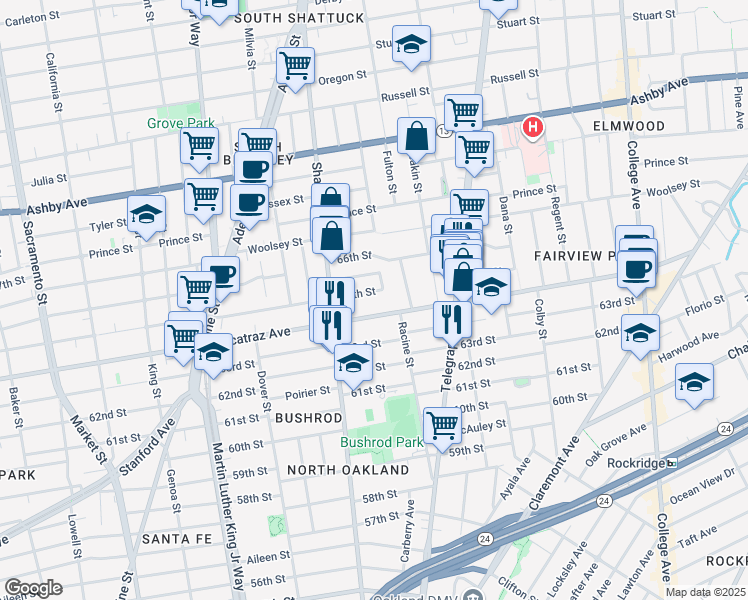 map of restaurants, bars, coffee shops, grocery stores, and more near 6514 Wheeler Street in Oakland