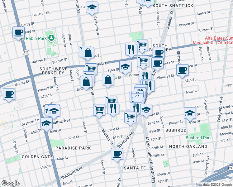 map of restaurants, bars, coffee shops, grocery stores, and more near 1617 Woolsey Street in Berkeley