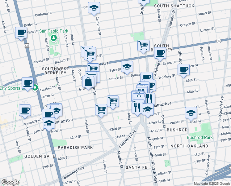 map of restaurants, bars, coffee shops, grocery stores, and more near 1619 Fairview Street in Berkeley
