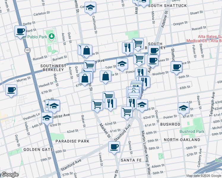 map of restaurants, bars, coffee shops, grocery stores, and more near 1619 Fairview Street in Berkeley