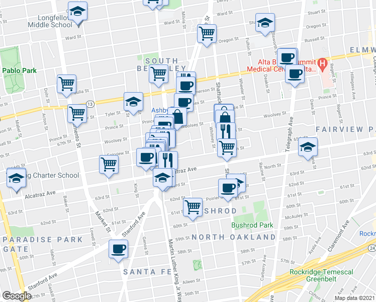 map of restaurants, bars, coffee shops, grocery stores, and more near 6521 Dover Street in Oakland