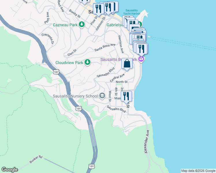 map of restaurants, bars, coffee shops, grocery stores, and more near 45 Central Avenue in Sausalito