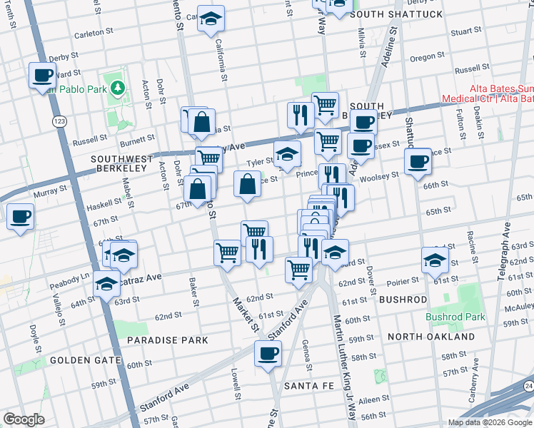 map of restaurants, bars, coffee shops, grocery stores, and more near 1617 Woolsey Street in Berkeley