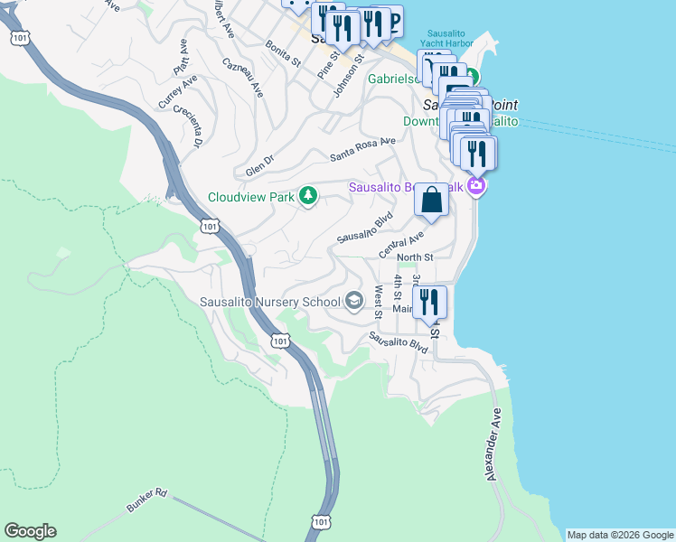 map of restaurants, bars, coffee shops, grocery stores, and more near 176 Crescent Avenue in Sausalito