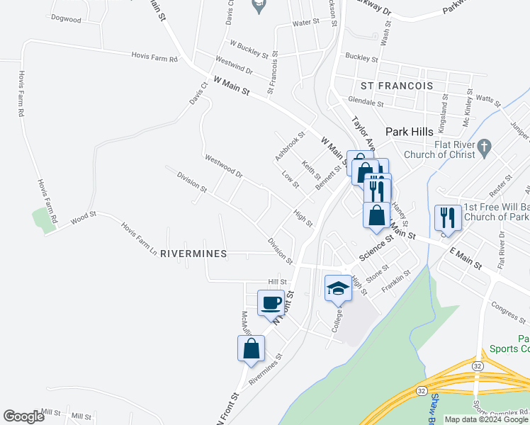 map of restaurants, bars, coffee shops, grocery stores, and more near 300 Edgewood Street in Park Hills