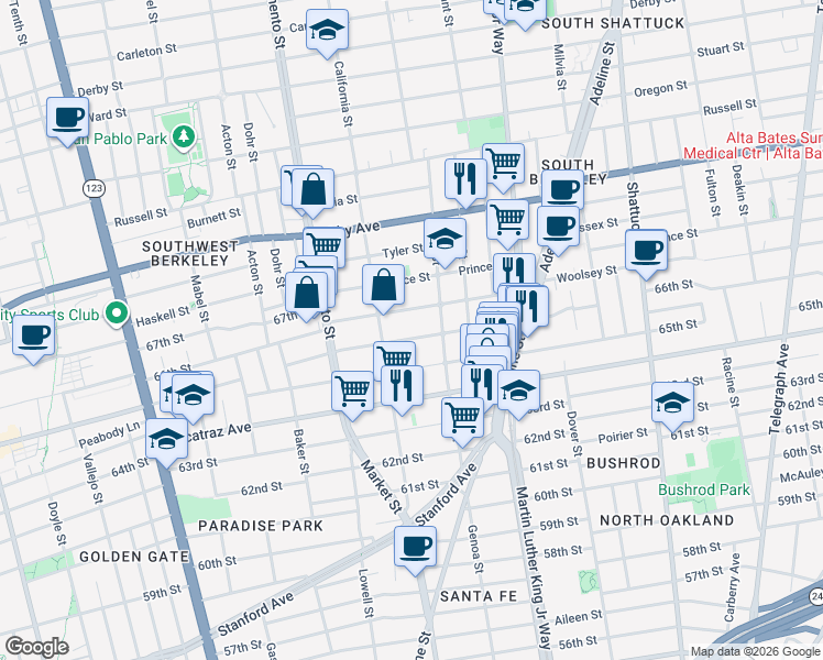 map of restaurants, bars, coffee shops, grocery stores, and more near 1617 Woolsey Street in Berkeley