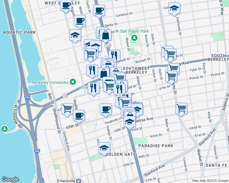 map of restaurants, bars, coffee shops, grocery stores, and more near 3037 San Pablo Avenue in Berkeley
