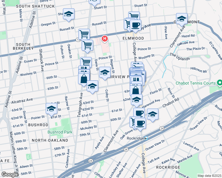 map of restaurants, bars, coffee shops, grocery stores, and more near 6401 Regent Street in Oakland