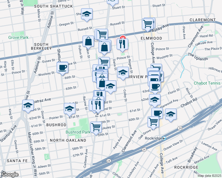 map of restaurants, bars, coffee shops, grocery stores, and more near 455 65th Street in Oakland