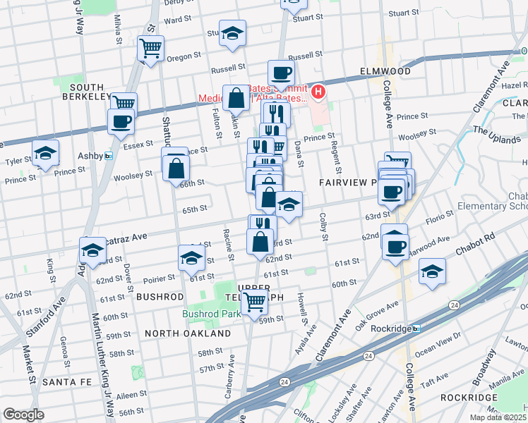 map of restaurants, bars, coffee shops, grocery stores, and more near in Oakland