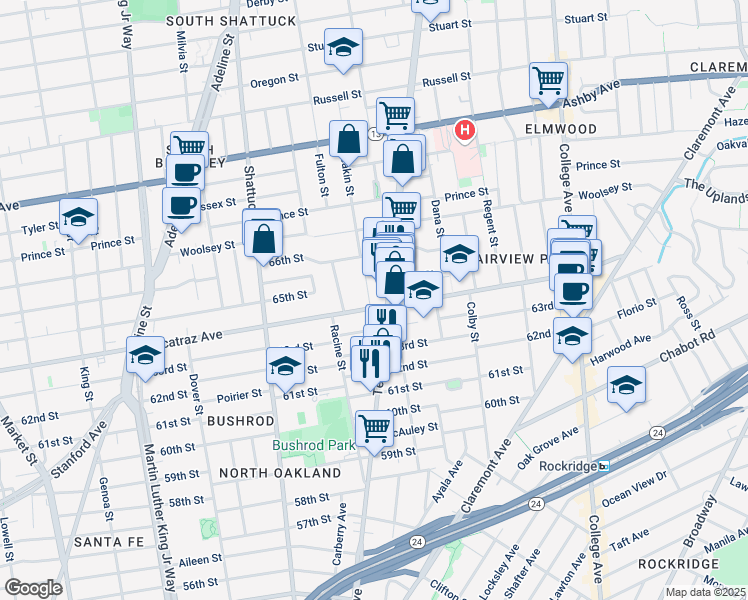 map of restaurants, bars, coffee shops, grocery stores, and more near in Oakland