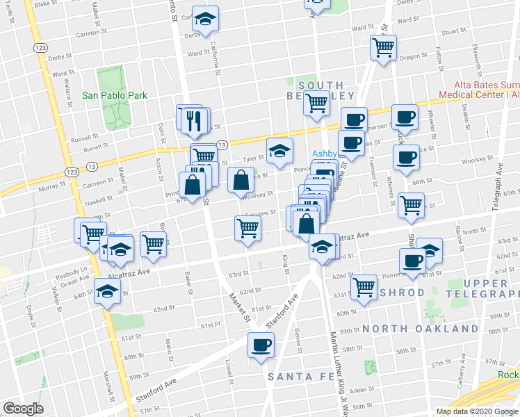map of restaurants, bars, coffee shops, grocery stores, and more near 1617 Woolsey Street in Berkeley
