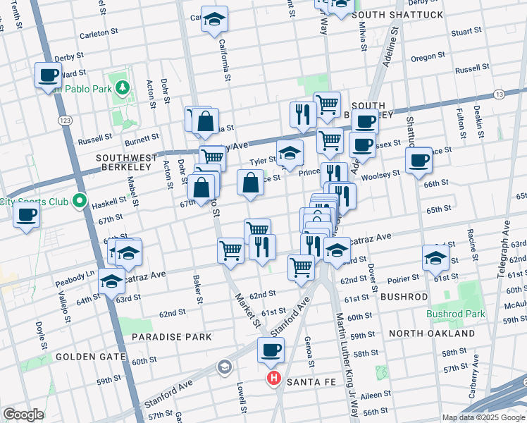 map of restaurants, bars, coffee shops, grocery stores, and more near 1617 Woolsey Street in Berkeley