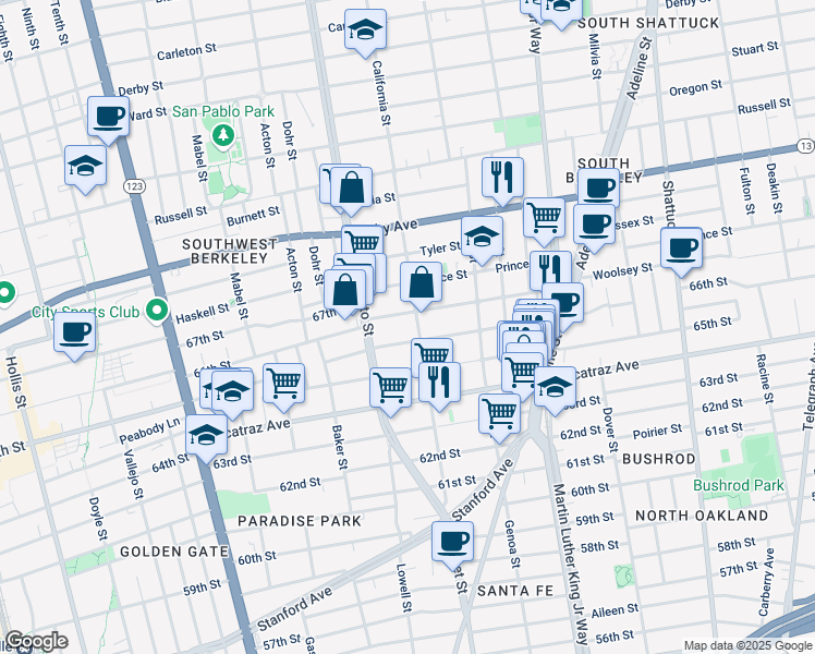 map of restaurants, bars, coffee shops, grocery stores, and more near 1533 Woolsey Street in Berkeley