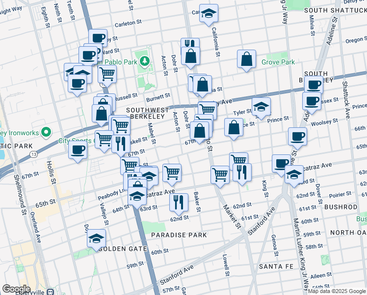 map of restaurants, bars, coffee shops, grocery stores, and more near 1417 67th Street in Berkeley