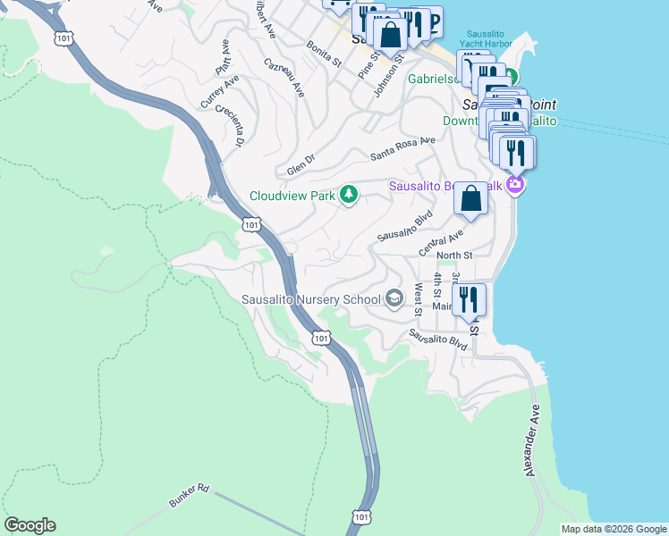 map of restaurants, bars, coffee shops, grocery stores, and more near 7 Channing Way in Sausalito