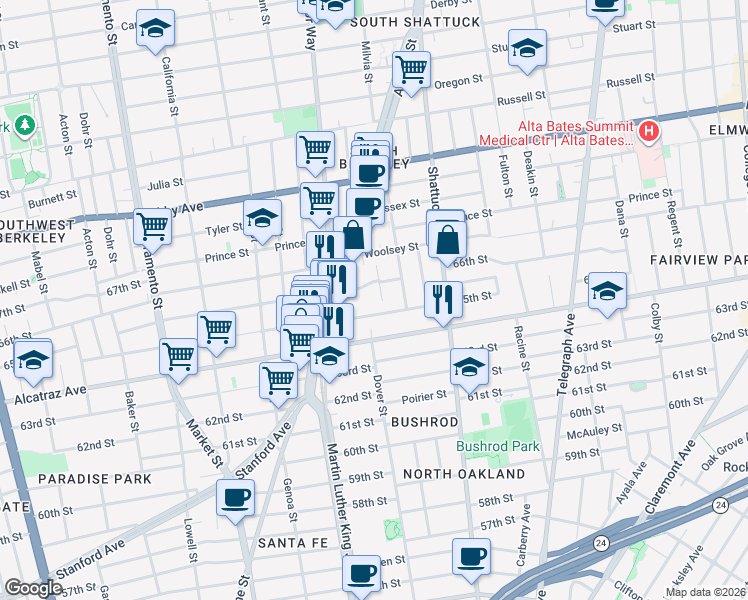 map of restaurants, bars, coffee shops, grocery stores, and more near 6525 Dover Street in Berkeley
