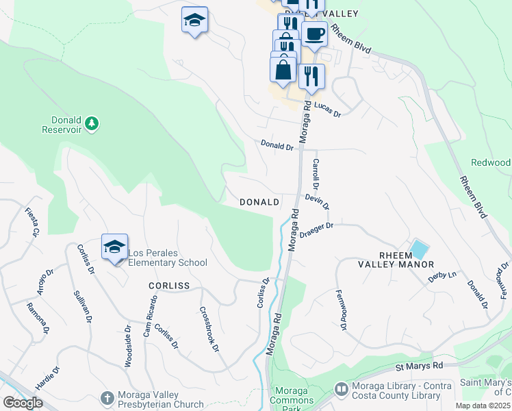 map of restaurants, bars, coffee shops, grocery stores, and more near 1758 Donald Drive in Moraga