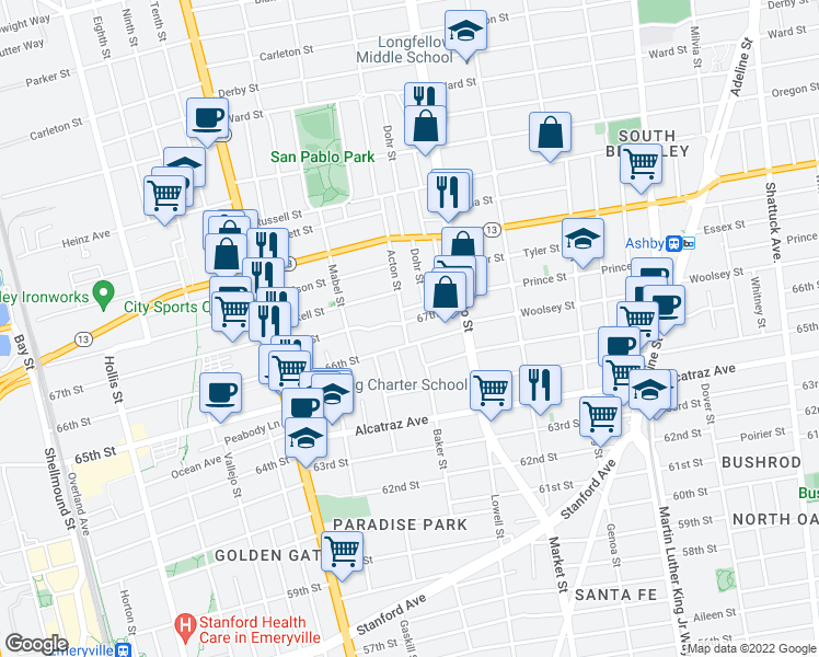 map of restaurants, bars, coffee shops, grocery stores, and more near 1417 67th Street in Berkeley