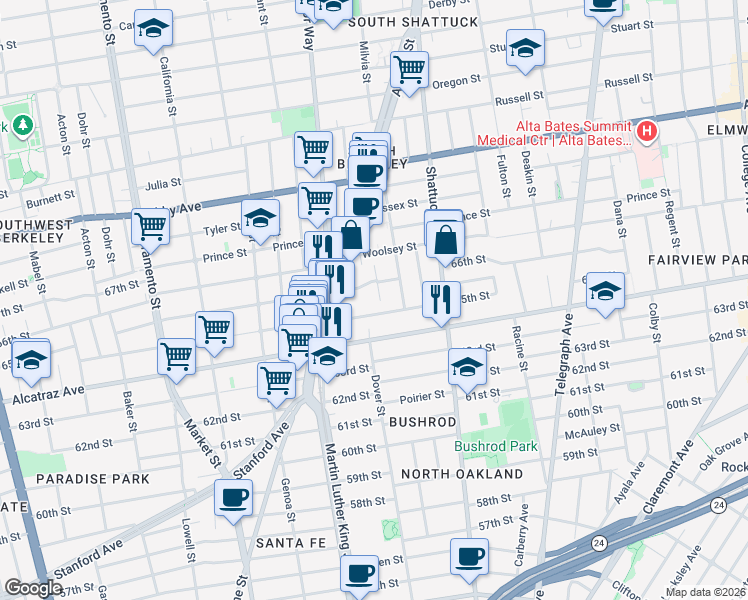 map of restaurants, bars, coffee shops, grocery stores, and more near 6525 Dover Street in Berkeley