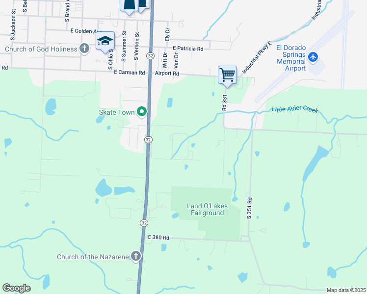 map of restaurants, bars, coffee shops, grocery stores, and more near 3249 State Highway 32 in El Dorado Springs