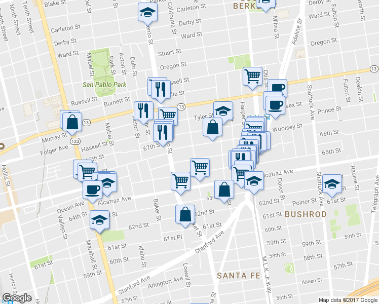map of restaurants, bars, coffee shops, grocery stores, and more near 1533 Woolsey Street in Berkeley
