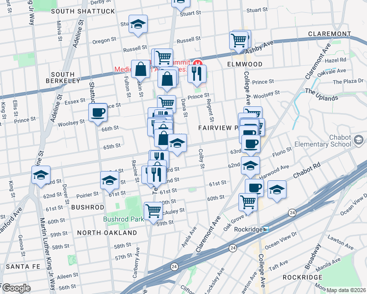 map of restaurants, bars, coffee shops, grocery stores, and more near Alcatraz Avenue & Dana Street in Oakland