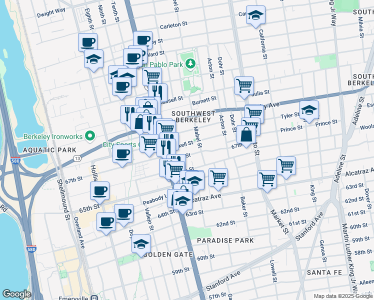map of restaurants, bars, coffee shops, grocery stores, and more near 1233 Haskell Street in Berkeley