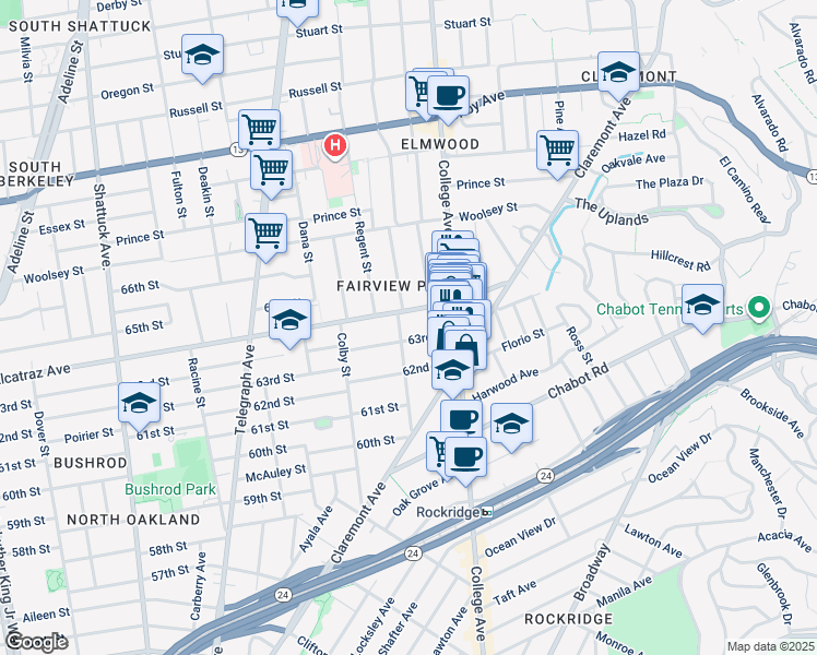 map of restaurants, bars, coffee shops, grocery stores, and more near 347 Alcatraz Avenue in Oakland