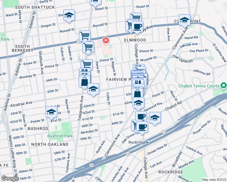map of restaurants, bars, coffee shops, grocery stores, and more near 6401 Regent Street in Oakland