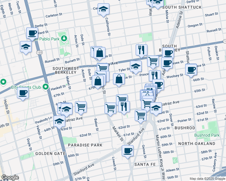 map of restaurants, bars, coffee shops, grocery stores, and more near 1533 Woolsey Street in Berkeley
