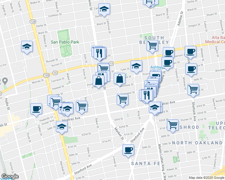 map of restaurants, bars, coffee shops, grocery stores, and more near 1533 Woolsey Street in Berkeley