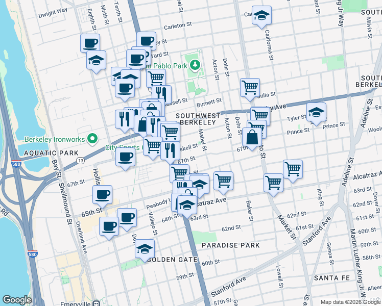 map of restaurants, bars, coffee shops, grocery stores, and more near 1233 Haskell Street in Berkeley