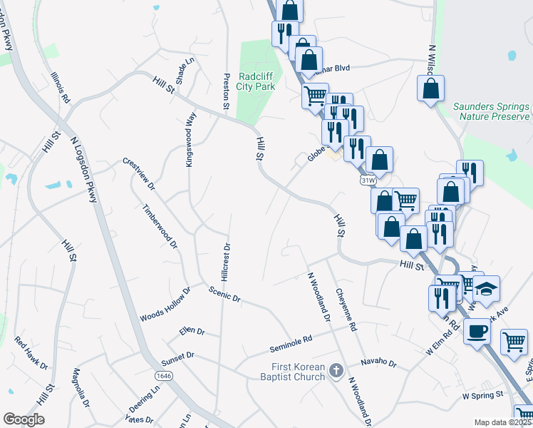 map of restaurants, bars, coffee shops, grocery stores, and more near 1276 Hill Street in Radcliff