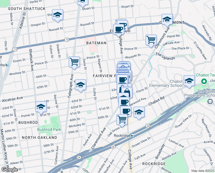 map of restaurants, bars, coffee shops, grocery stores, and more near 6385 Hillegass Avenue in Oakland