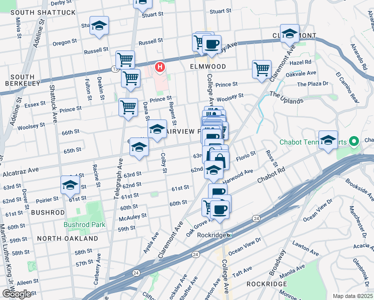 map of restaurants, bars, coffee shops, grocery stores, and more near 6385 Hillegass Avenue in Oakland