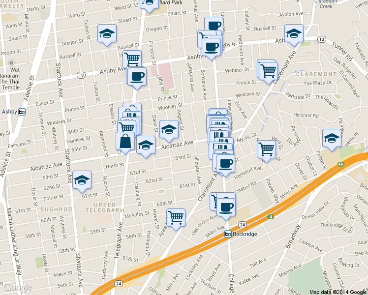 map of restaurants, bars, coffee shops, grocery stores, and more near 373 Alcatraz Avenue in Oakland