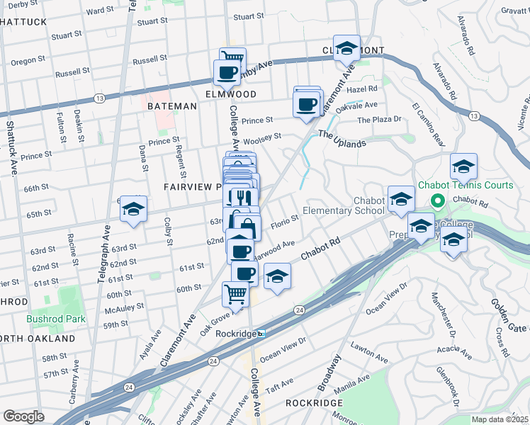 map of restaurants, bars, coffee shops, grocery stores, and more near 6201 Claremont Avenue in Oakland
