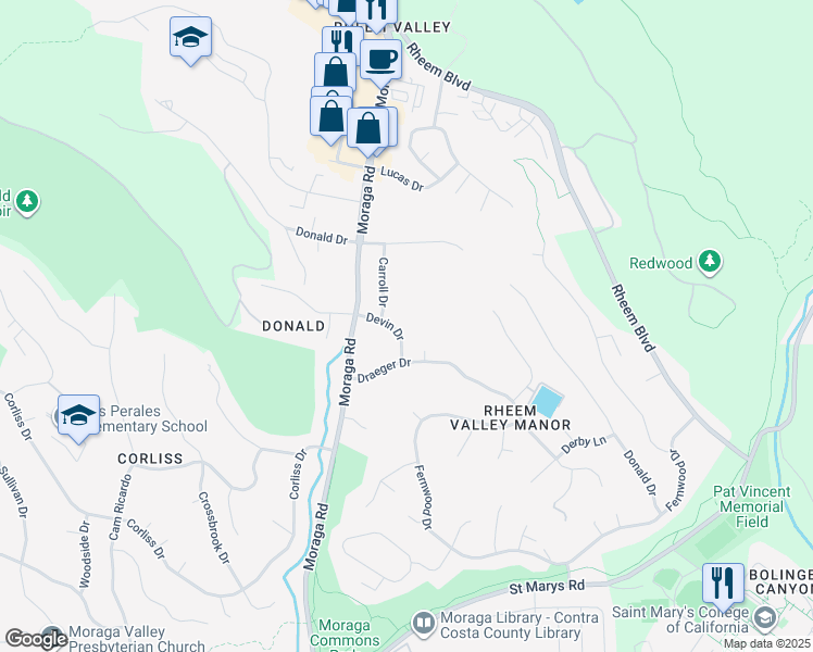 map of restaurants, bars, coffee shops, grocery stores, and more near 127 Devin Drive in Moraga
