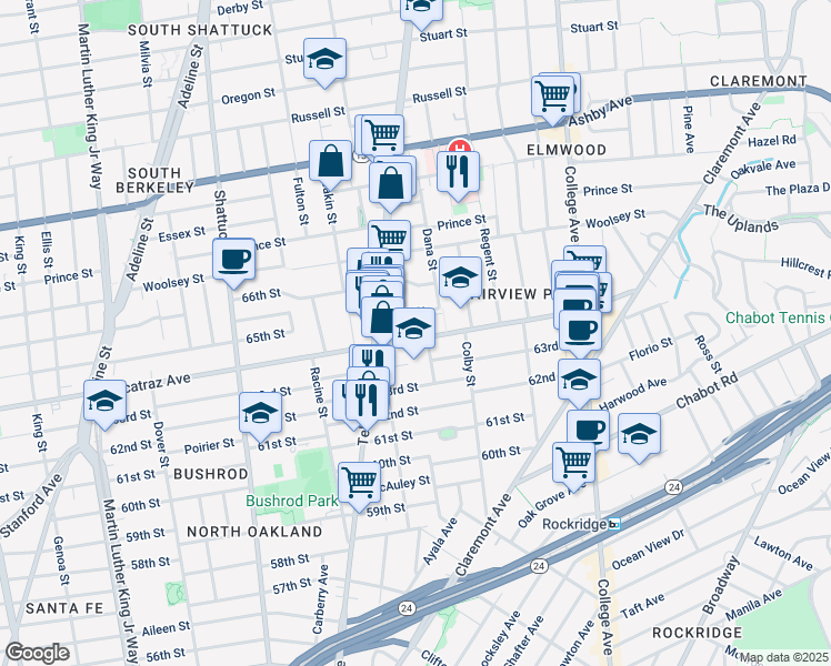 map of restaurants, bars, coffee shops, grocery stores, and more near 455 65th Street in Oakland