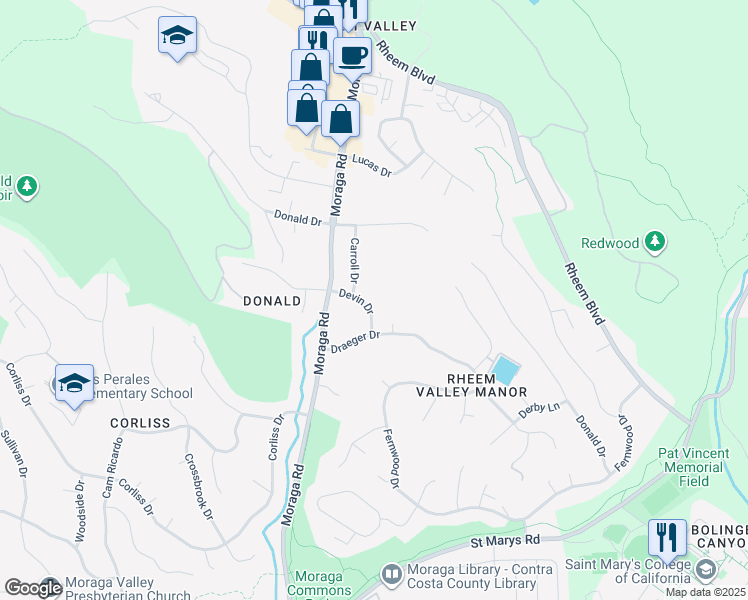 map of restaurants, bars, coffee shops, grocery stores, and more near 127 Devin Drive in Moraga