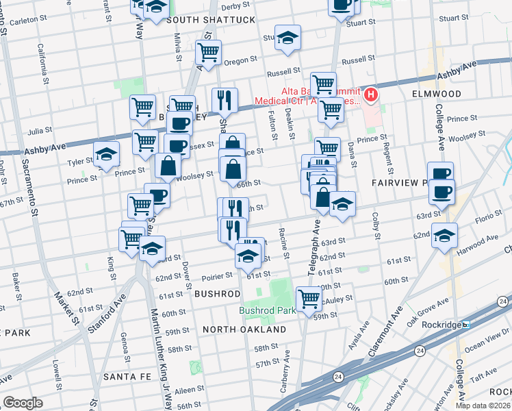map of restaurants, bars, coffee shops, grocery stores, and more near 675 Fairview Street in Oakland
