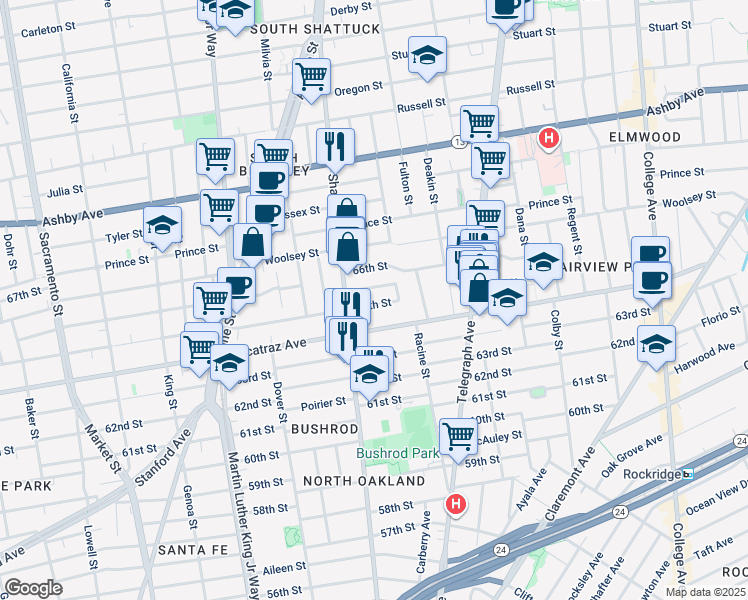 map of restaurants, bars, coffee shops, grocery stores, and more near 658 65th Street in Oakland