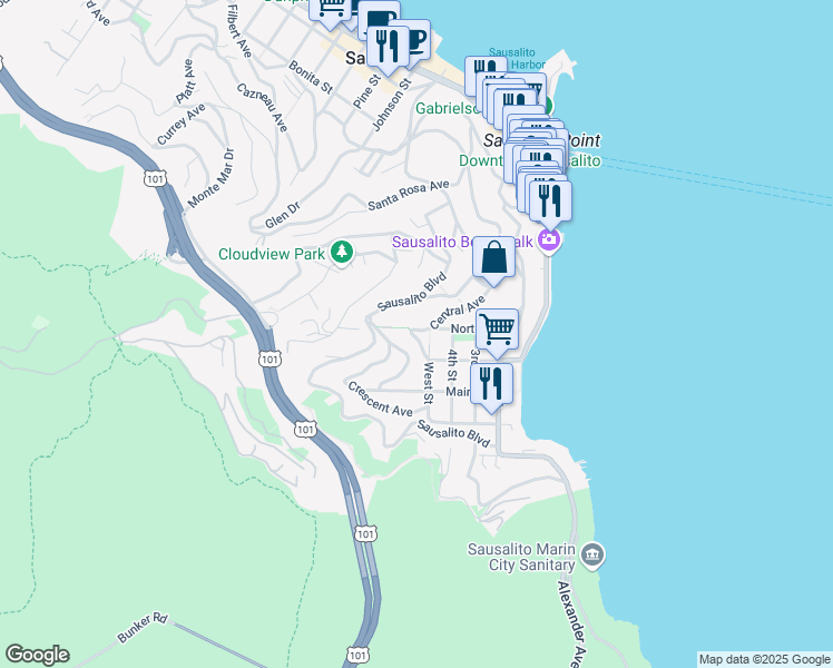 map of restaurants, bars, coffee shops, grocery stores, and more near 40 Central Avenue in Sausalito