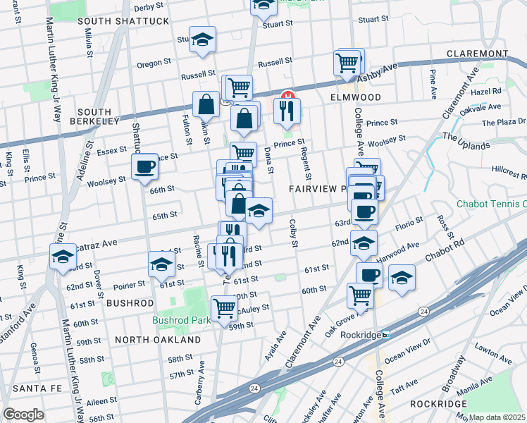 map of restaurants, bars, coffee shops, grocery stores, and more near 450 Alcatraz Avenue in Oakland