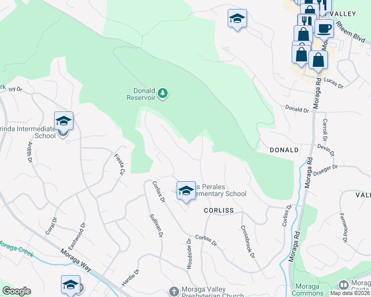 map of restaurants, bars, coffee shops, grocery stores, and more near 34 Ashbrook Place in Moraga