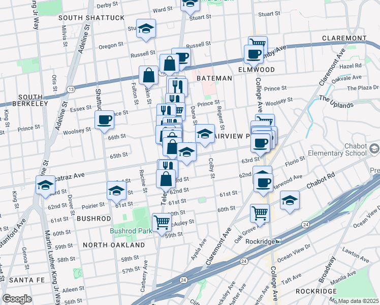 map of restaurants, bars, coffee shops, grocery stores, and more near 455 65th Street in Oakland